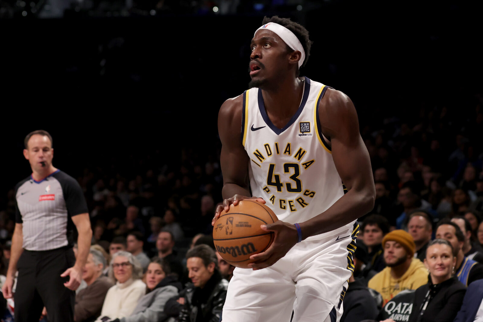 Dec 4, 2024; Brooklyn, New York, USA; Indiana Pacers forward Pascal Siakam (43) looks to shoot the ball against the Brooklyn Nets during the second quarter at Barclays Center.