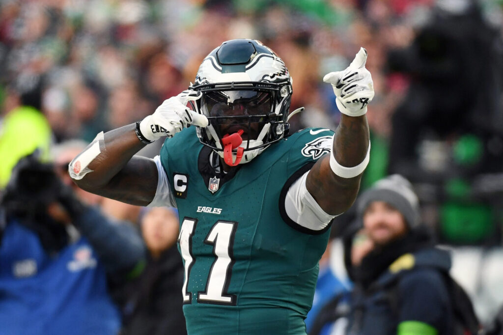 Jan 26, 2025; Philadelphia, PA, USA; Philadelphia Eagles wide receiver A.J. Brown (11) reacts after a play against the Washington Commanders during the first half in the NFC Championship game at Lincoln Financial Field.