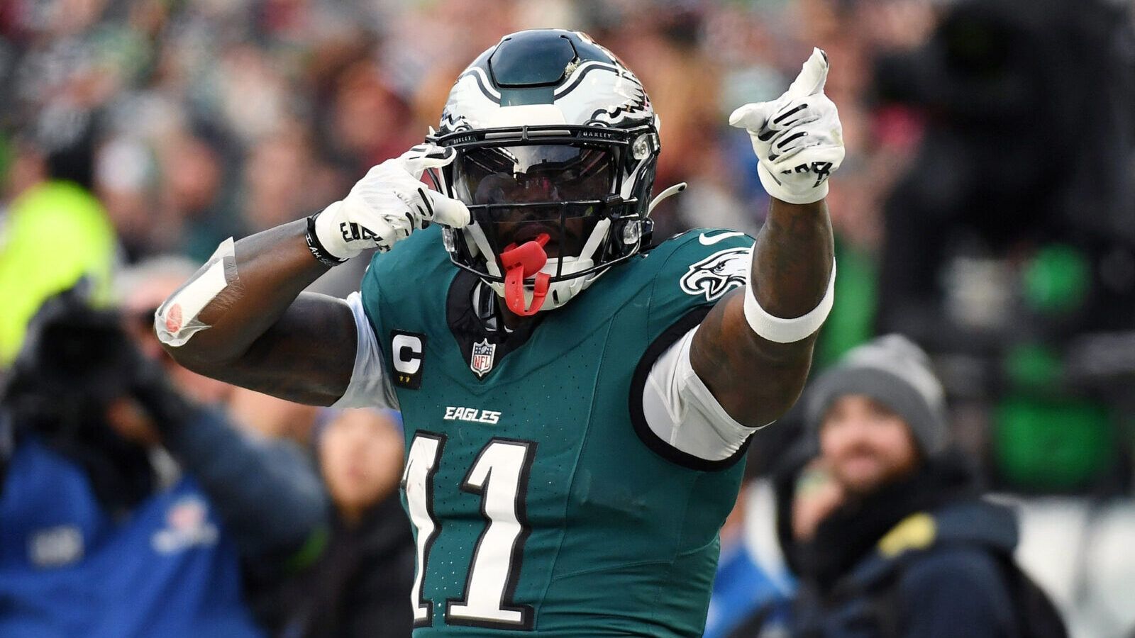 Jan 26, 2025; Philadelphia, PA, USA; Philadelphia Eagles wide receiver A.J. Brown (11) reacts after a play against the Washington Commanders during the first half in the NFC Championship game at Lincoln Financial Field.