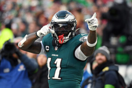 Jan 26, 2025; Philadelphia, PA, USA; Philadelphia Eagles wide receiver A.J. Brown (11) reacts after a play against the Washington Commanders during the first half in the NFC Championship game at Lincoln Financial Field.