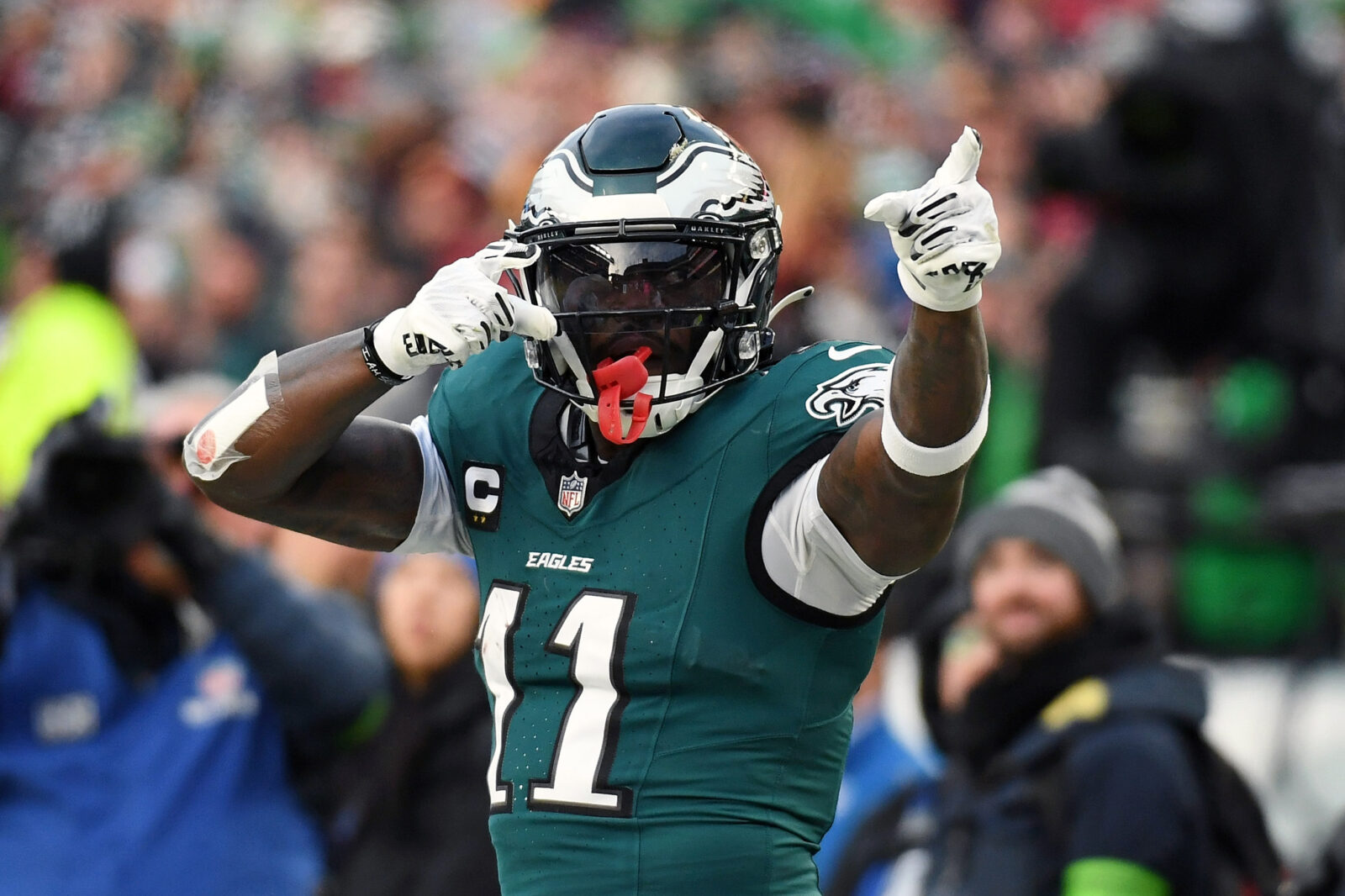 Jan 26, 2025; Philadelphia, PA, USA; Philadelphia Eagles wide receiver A.J. Brown (11) reacts after a play against the Washington Commanders during the first half in the NFC Championship game at Lincoln Financial Field.
