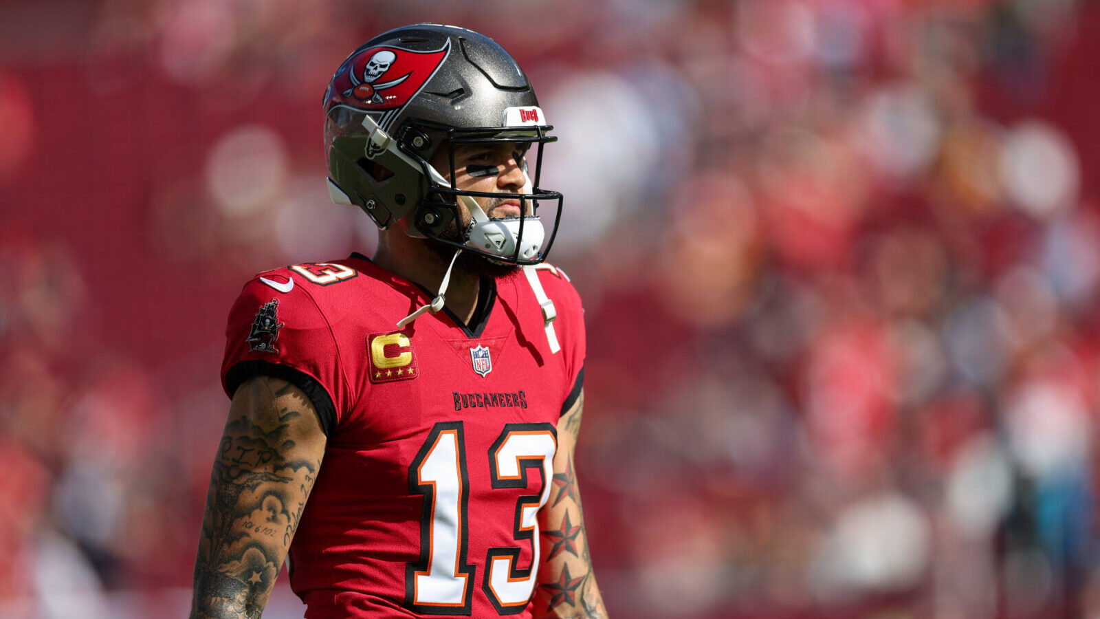 Dec 29, 2024; Tampa, Florida, USA; Tampa Bay Buccaneers wide receiver Mike Evans (13) warms up before a game against the Carolina Panthers at Raymond James Stadium.