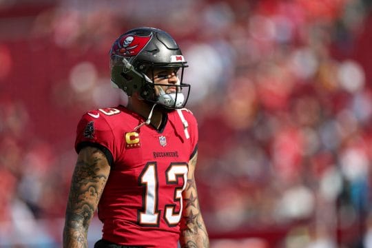 Dec 29, 2024; Tampa, Florida, USA; Tampa Bay Buccaneers wide receiver Mike Evans (13) warms up before a game against the Carolina Panthers at Raymond James Stadium.