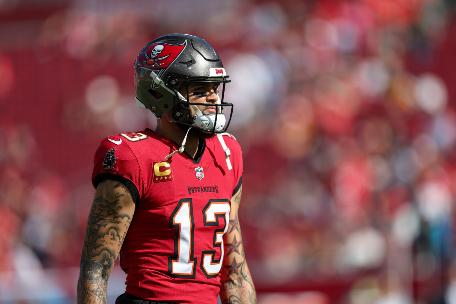 Dec 29, 2024; Tampa, Florida, USA; Tampa Bay Buccaneers wide receiver Mike Evans (13) warms up before a game against the Carolina Panthers at Raymond James Stadium.