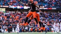 Dec 22, 2024; Cincinnati, Ohio, USA; Cincinnati Bengals wide receiver Ja'Marr Chase (1) reacts with wide receiver Jermaine Burton (81) after scoring a touchdown in the second half against the Cleveland Browns at Paycor Stadium.