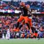 Dec 22, 2024; Cincinnati, Ohio, USA; Cincinnati Bengals wide receiver Ja'Marr Chase (1) reacts with wide receiver Jermaine Burton (81) after scoring a touchdown in the second half against the Cleveland Browns at Paycor Stadium.