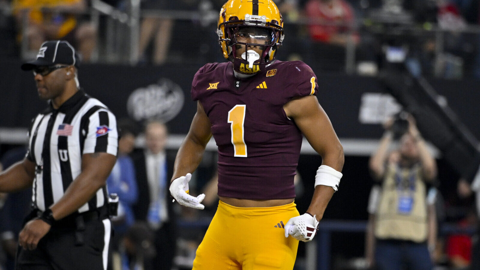 Dec 7, 2024; Arlington, TX, USA; Arizona State Sun Devils wide receiver Xavier Guillory (1) celebrates during the game between the Iowa State Cyclones and the Arizona State Sun Devils at AT&T Stadium.