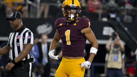 Dec 7, 2024; Arlington, TX, USA; Arizona State Sun Devils wide receiver Xavier Guillory (1) celebrates during the game between the Iowa State Cyclones and the Arizona State Sun Devils at AT&T Stadium.