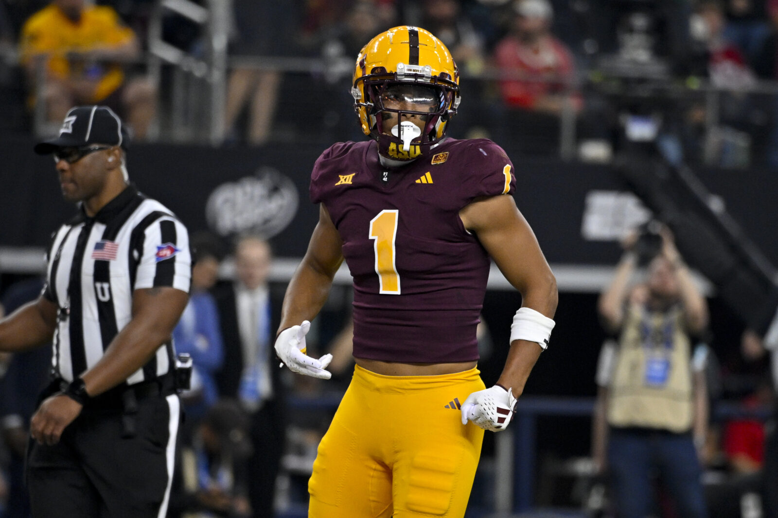 Dec 7, 2024; Arlington, TX, USA; Arizona State Sun Devils wide receiver Xavier Guillory (1) celebrates during the game between the Iowa State Cyclones and the Arizona State Sun Devils at AT&T Stadium.