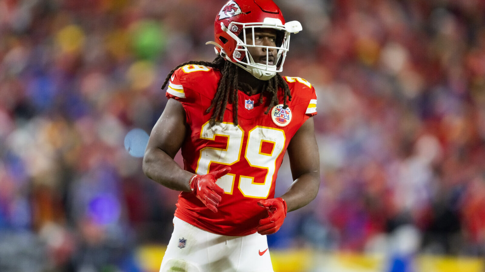 Jan 26, 2025; Kansas City, MO, USA; Kansas City Chiefs running back Kareem Hunt (29) against the Buffalo Bills in the AFC Championship game at GEHA Field at Arrowhead Stadium.