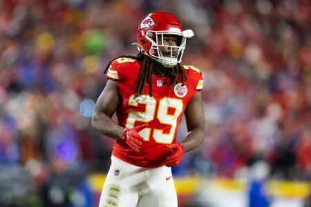 Jan 26, 2025; Kansas City, MO, USA; Kansas City Chiefs running back Kareem Hunt (29) against the Buffalo Bills in the AFC Championship game at GEHA Field at Arrowhead Stadium.