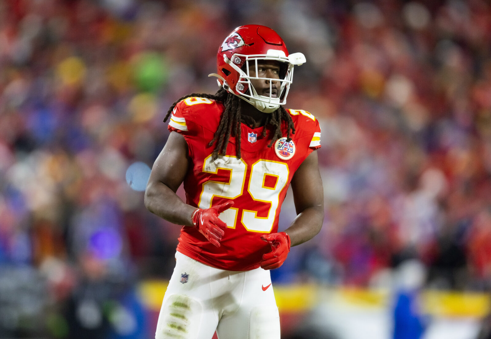 Jan 26, 2025; Kansas City, MO, USA; Kansas City Chiefs running back Kareem Hunt (29) against the Buffalo Bills in the AFC Championship game at GEHA Field at Arrowhead Stadium.