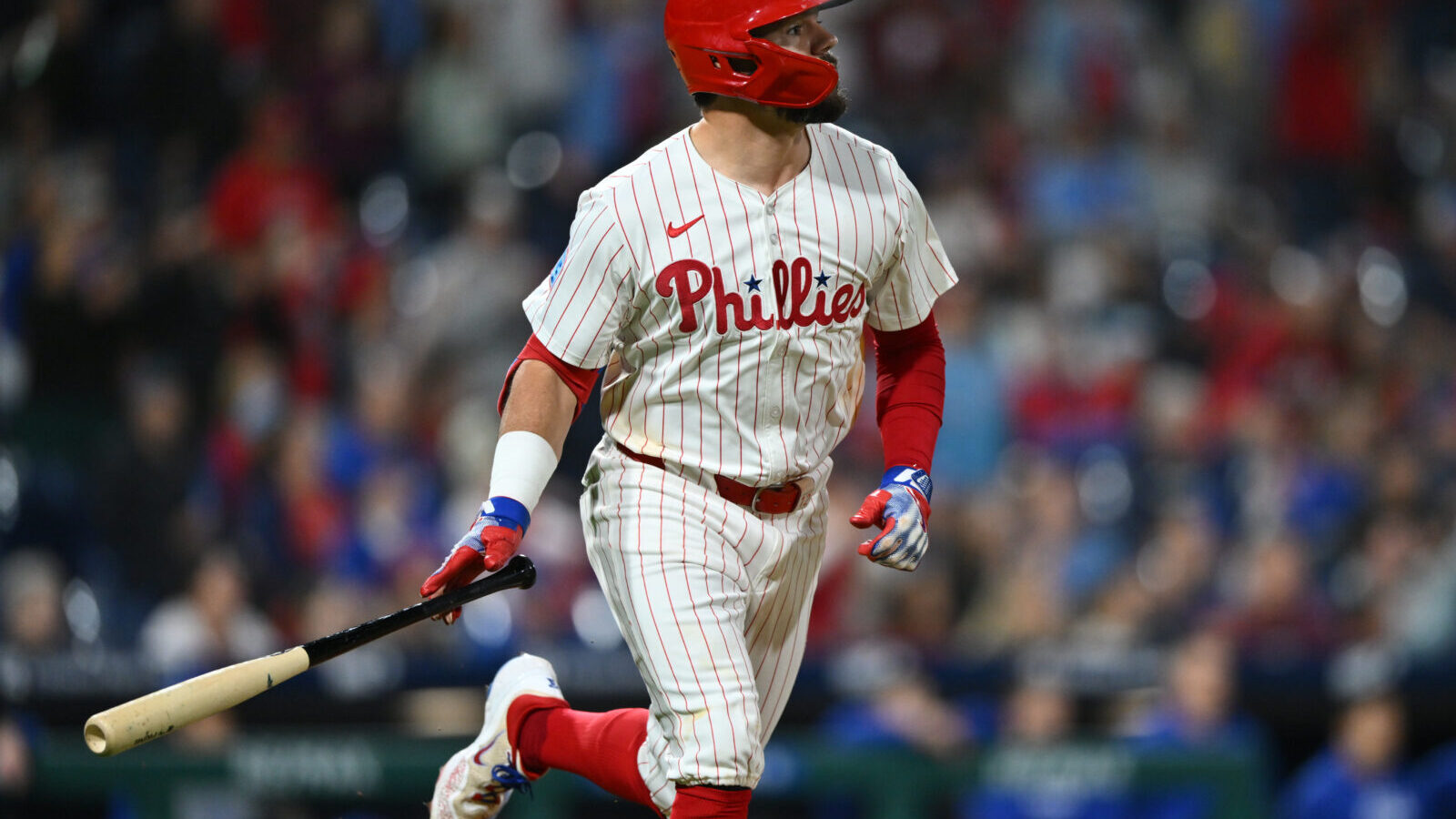 Sep 24, 2024; Philadelphia, Pennsylvania, USA; Philadelphia Phillies designated hitter Kyle Schwarber (12) looks on after hitting a two-run home run against the Chicago Cubs in the eighth inning at Citizens Bank Park.