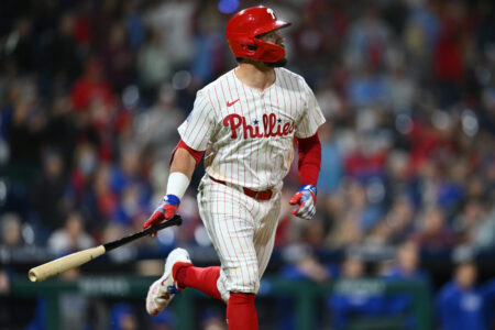 Sep 24, 2024; Philadelphia, Pennsylvania, USA; Philadelphia Phillies designated hitter Kyle Schwarber (12) looks on after hitting a two-run home run against the Chicago Cubs in the eighth inning at Citizens Bank Park.
