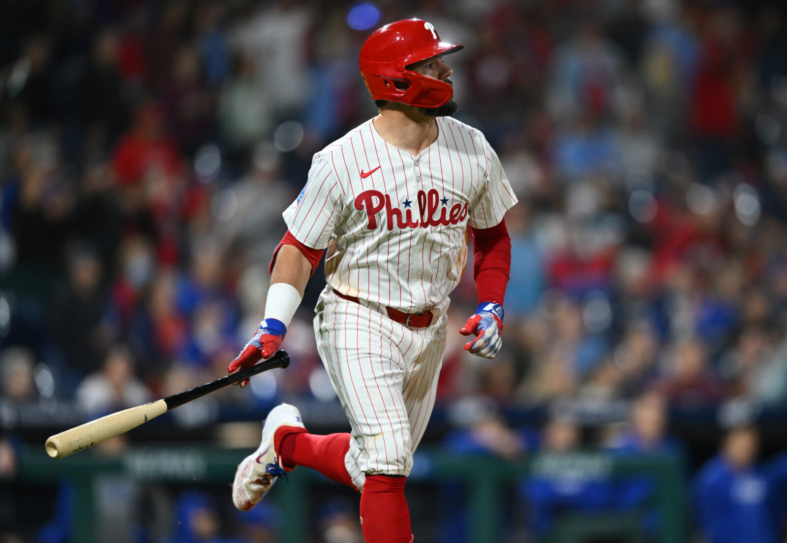 Sep 24, 2024; Philadelphia, Pennsylvania, USA; Philadelphia Phillies designated hitter Kyle Schwarber (12) looks on after hitting a two-run home run against the Chicago Cubs in the eighth inning at Citizens Bank Park.