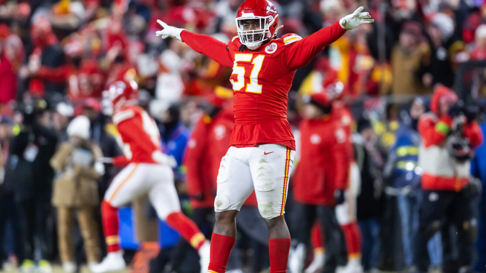 Jan 26, 2025; Kansas City, MO, USA; Kansas City Chiefs defensive end Mike Danna (51) celebrates against the Buffalo Bills in the AFC Championship game at GEHA Field at Arrowhead Stadium.