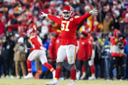 Jan 26, 2025; Kansas City, MO, USA; Kansas City Chiefs defensive end Mike Danna (51) celebrates against the Buffalo Bills in the AFC Championship game at GEHA Field at Arrowhead Stadium.