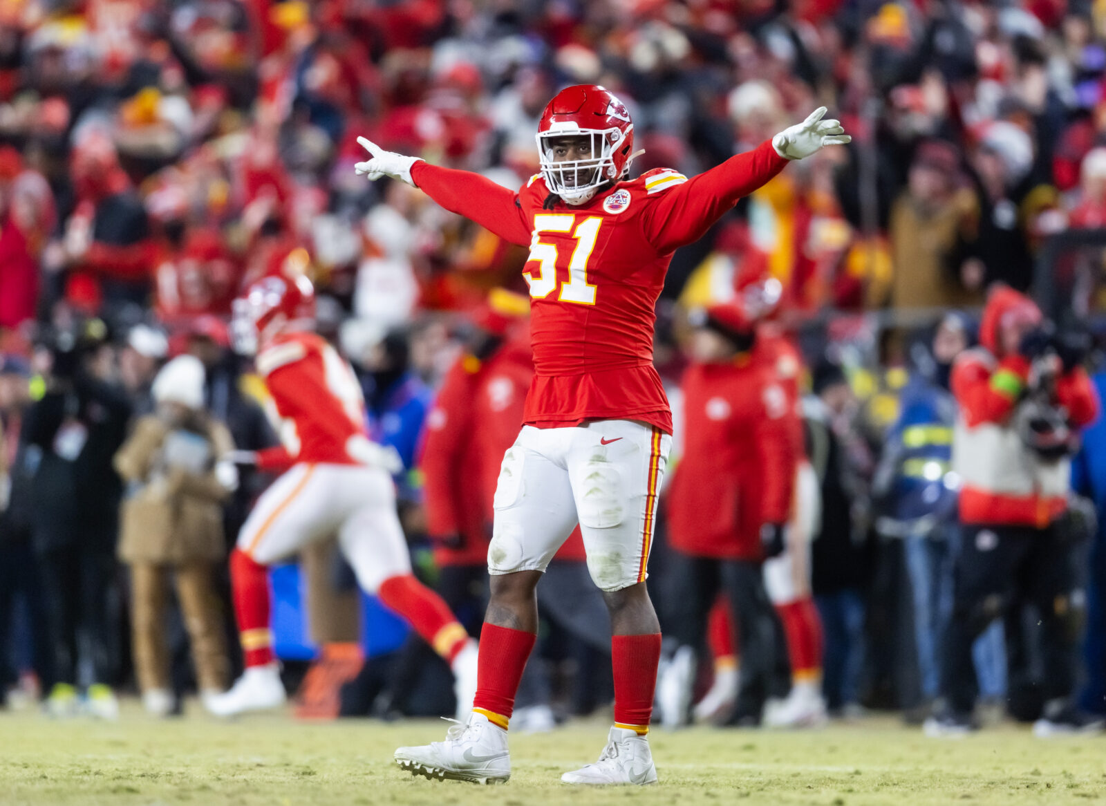 Jan 26, 2025; Kansas City, MO, USA; Kansas City Chiefs defensive end Mike Danna (51) celebrates against the Buffalo Bills in the AFC Championship game at GEHA Field at Arrowhead Stadium.