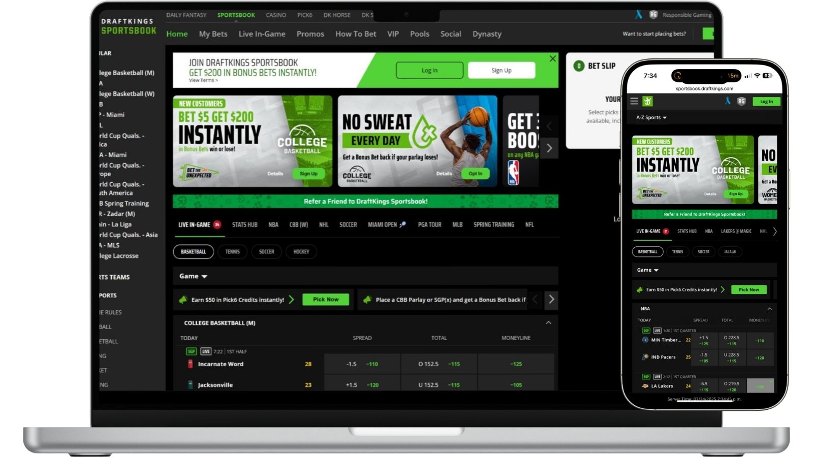 Draftkings homepage screenshots on smartphone and laptop screen mockups.