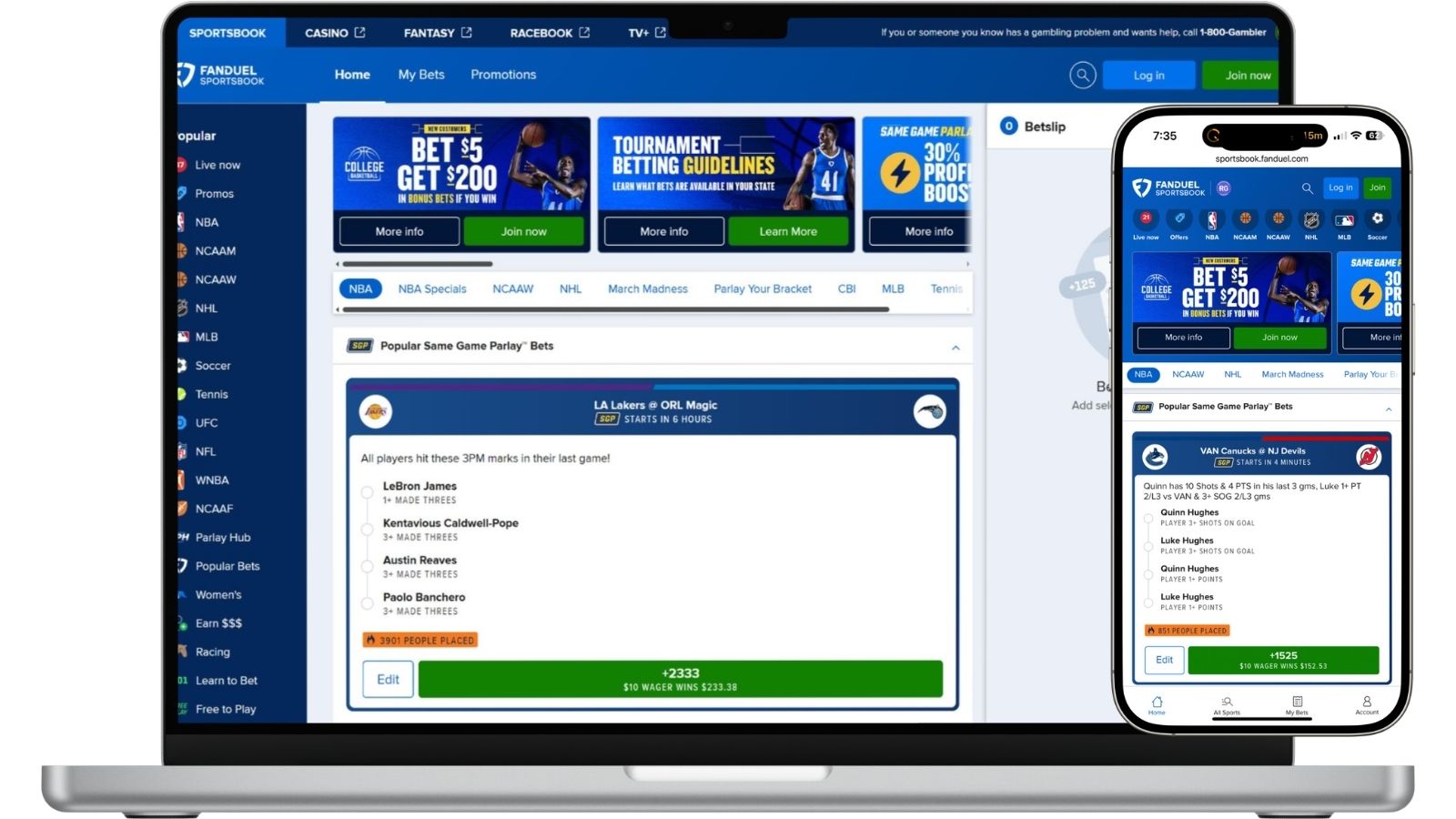 Fanduel homepage screenshots on smartphone and laptop screen mockups.