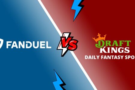 Two logos, Fanduel vs Draftkings, written on different colored backgrounds with 'VS' between to show it is a comparison.