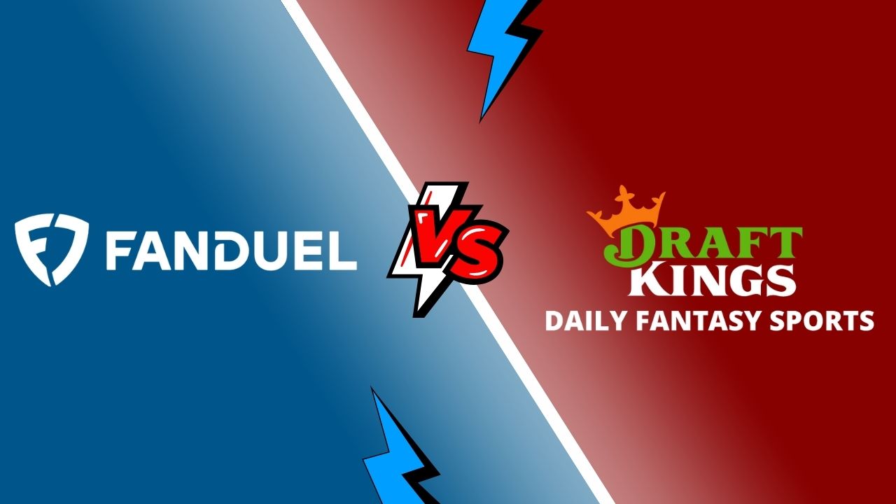 Two logos, Fanduel vs Draftkings, written on different colored backgrounds with 'VS' between to show it is a comparison.