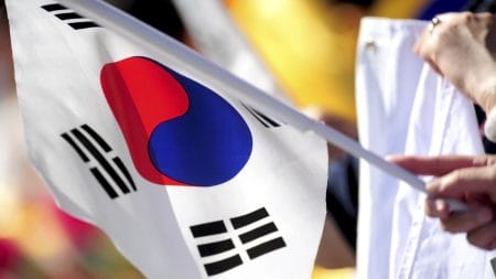 Aug 24, 2014; South Williamsport, PA, USA; A fan holds a Korean flag during the game between the Asia-Pacific Region and the Great Lakes Region at Howard J. Lamade Stadium.