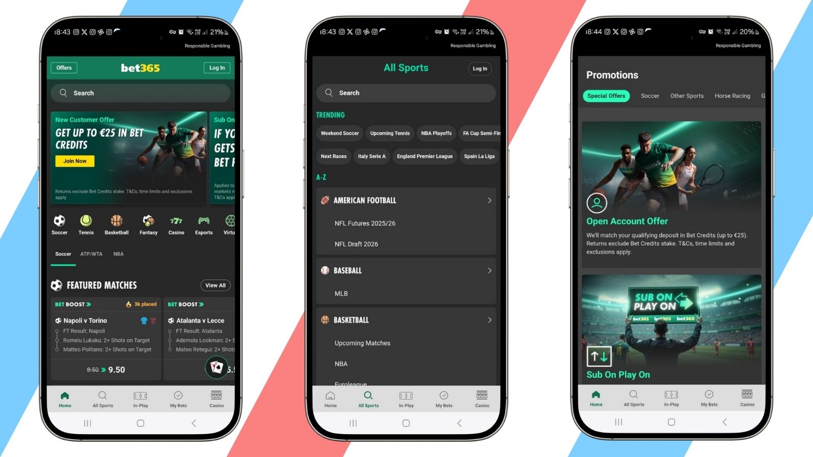 Three screenshots of the Bet365 sportsbook app on smartphone mockups.