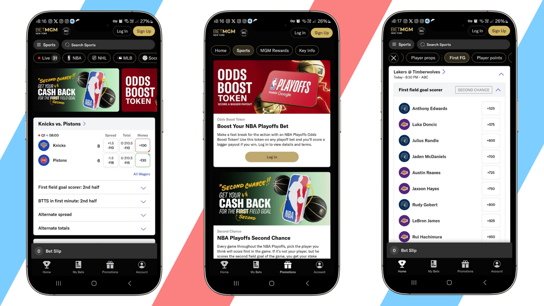 Three screenshots of the BetMGM sportsbook app on smartphone mockups.