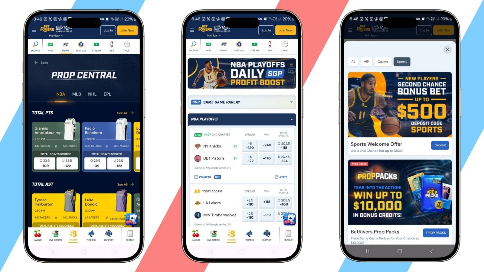 Three screenshots of the BetRivers sportsbook app on smartphone mockups.