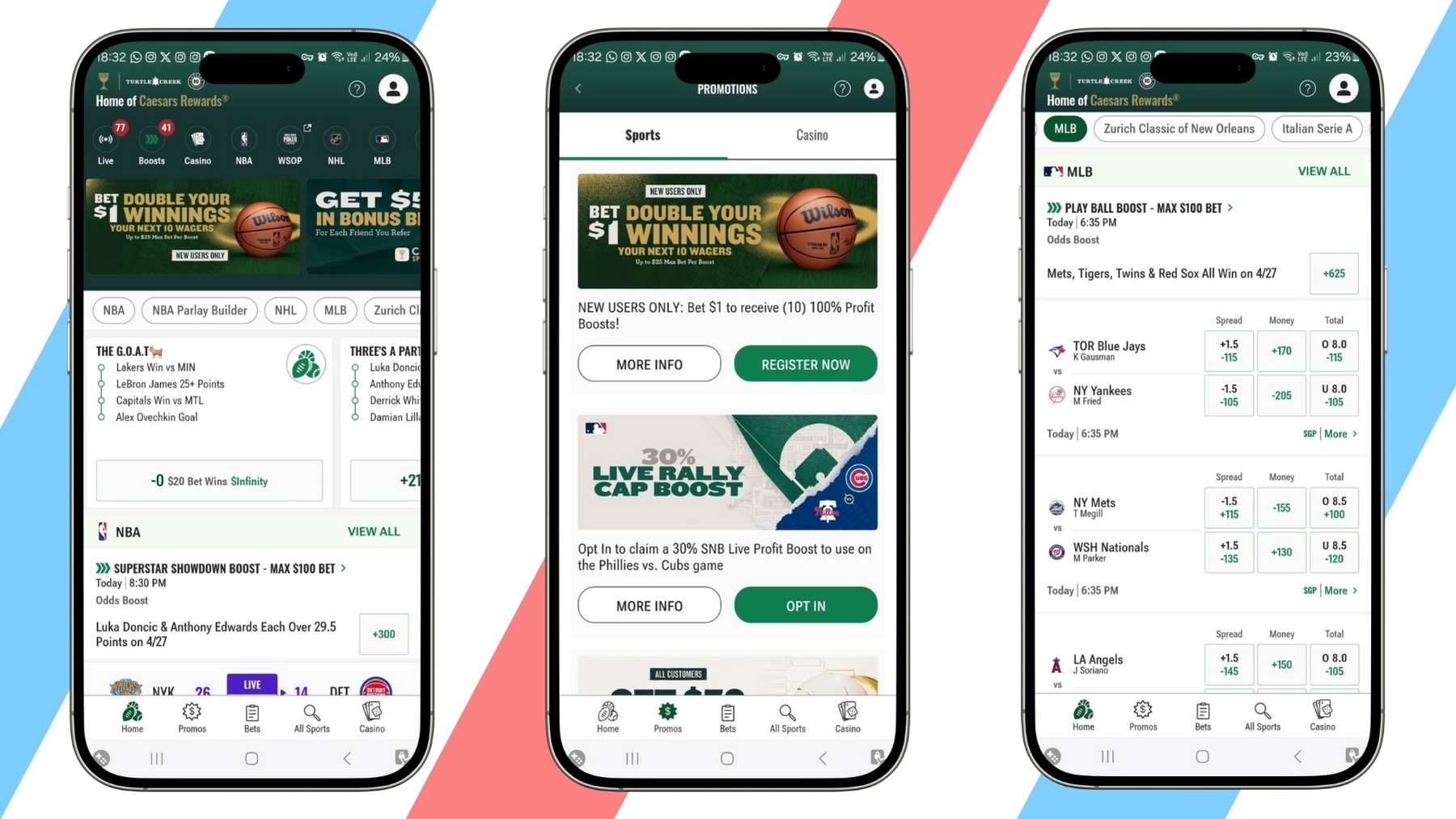 Three screenshots of the Caesars sportsbook app on smartphone mockups.
