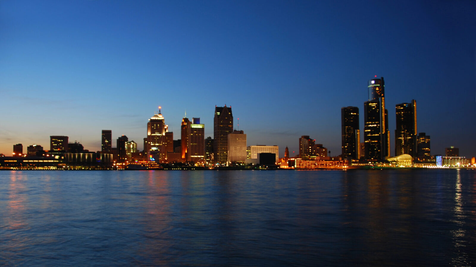 Michigan skyline, Detroit, at dusk.