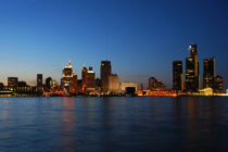 Michigan skyline, Detroit, at dusk.