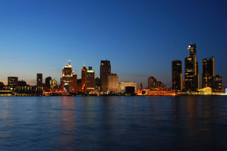 Michigan skyline, Detroit, at dusk.