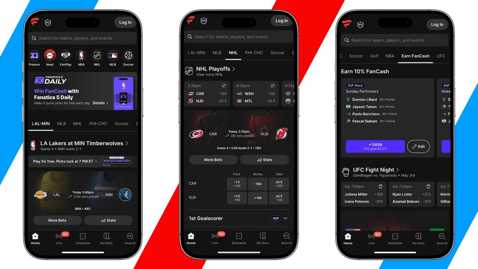 Three screenshots of the Fanatics sportsbook app on smartphone mockups.