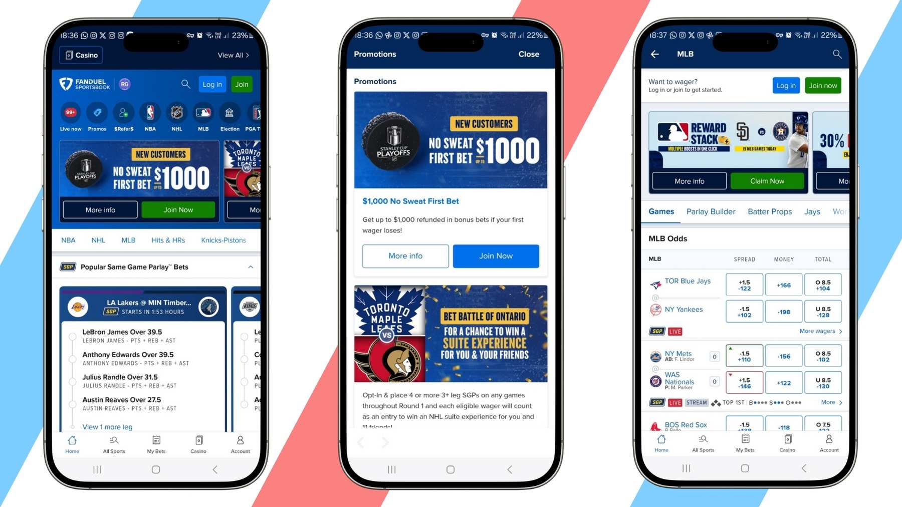Three screenshots of the Fanduel sportsbook app on smartphone mockups.