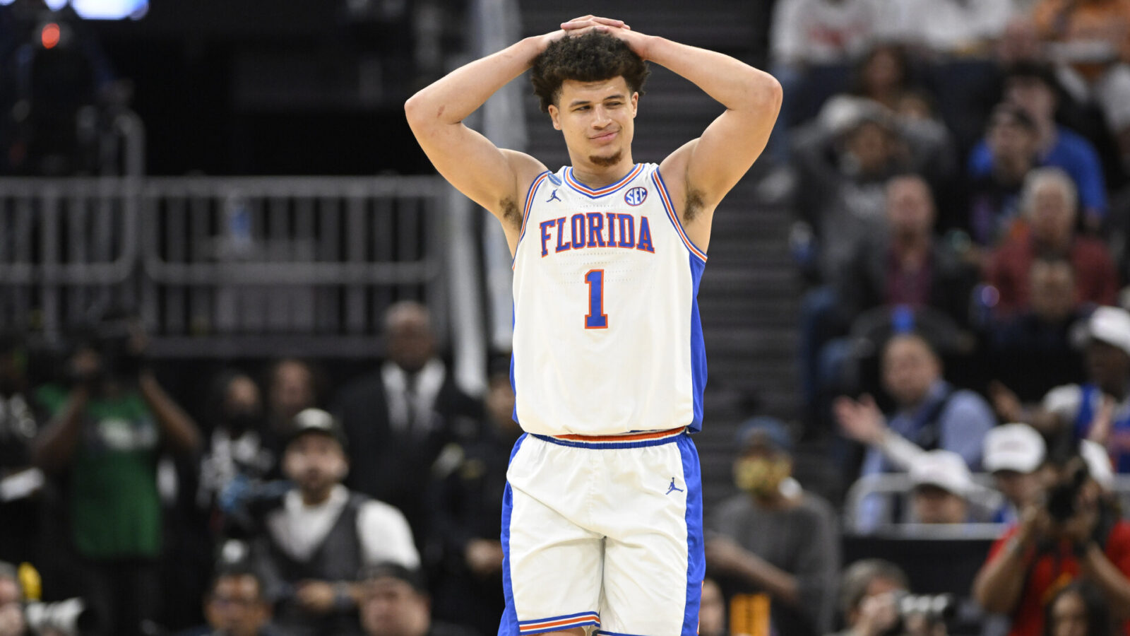 Mar 29, 2025; San Francisco, CA, USA; Florida Gators guard Walter Clayton Jr. (1) reacts during the first half against the Texas Tech Red Raiders during the West Regional final of the 2025 NCAA tournament at Chase Center.