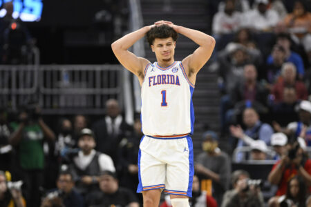 Mar 29, 2025; San Francisco, CA, USA; Florida Gators guard Walter Clayton Jr. (1) reacts during the first half against the Texas Tech Red Raiders during the West Regional final of the 2025 NCAA tournament at Chase Center.
