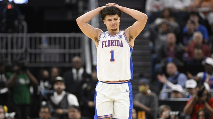 Mar 29, 2025; San Francisco, CA, USA; Florida Gators guard Walter Clayton Jr. (1) reacts during the first half against the Texas Tech Red Raiders during the West Regional final of the 2025 NCAA tournament at Chase Center.