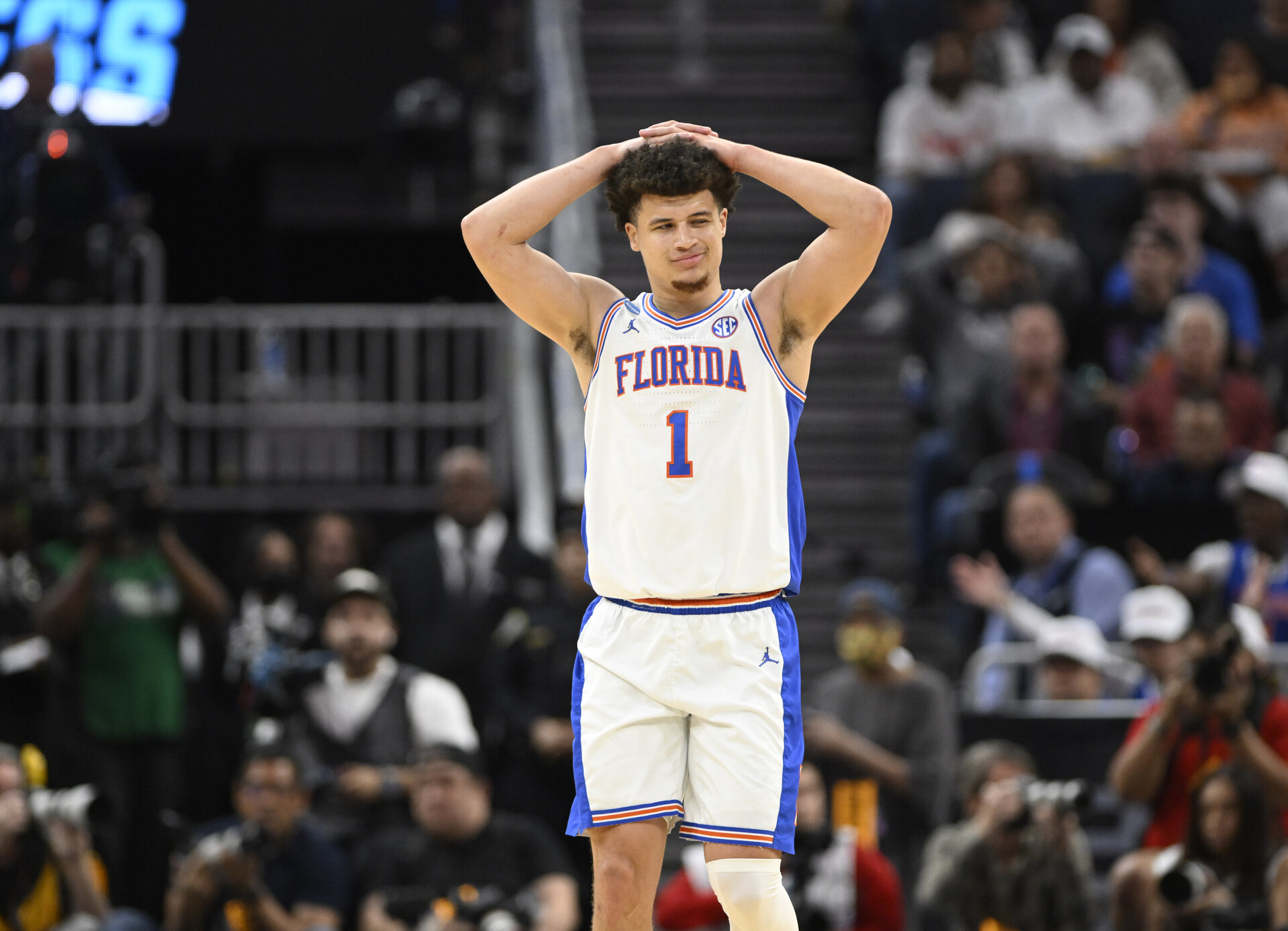 Mar 29, 2025; San Francisco, CA, USA; Florida Gators guard Walter Clayton Jr. (1) reacts during the first half against the Texas Tech Red Raiders during the West Regional final of the 2025 NCAA tournament at Chase Center.