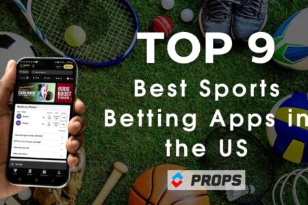 Top 9 best sports betting apps written across a montage of sport equipment, with a mans holding a mobile phone with a betting app on it.