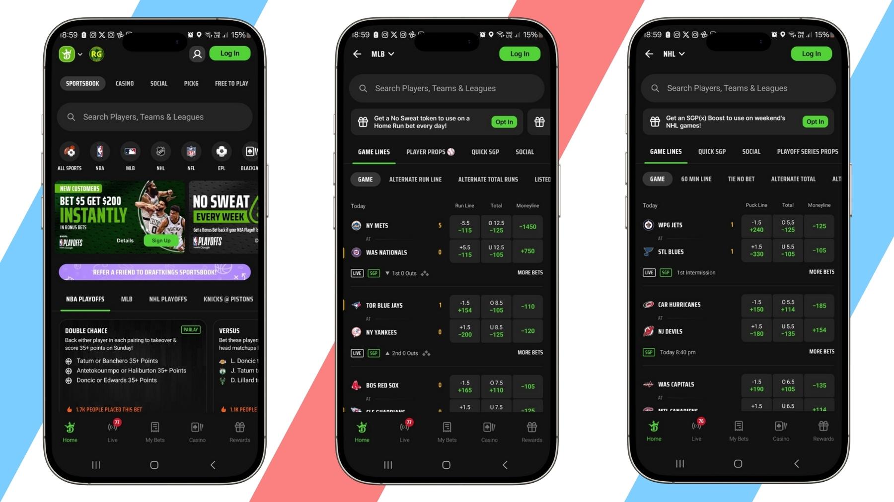 Three screenshots of the Draftkings sportsbook app on smartphone mockups.