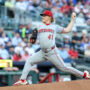 May 6, 2025; Cumberland, Georgia, USA; Cincinnati Reds pitcher Andrew Abbott (41) pitches the ball against the Atlanta Braves during the first inning at Truist Park.