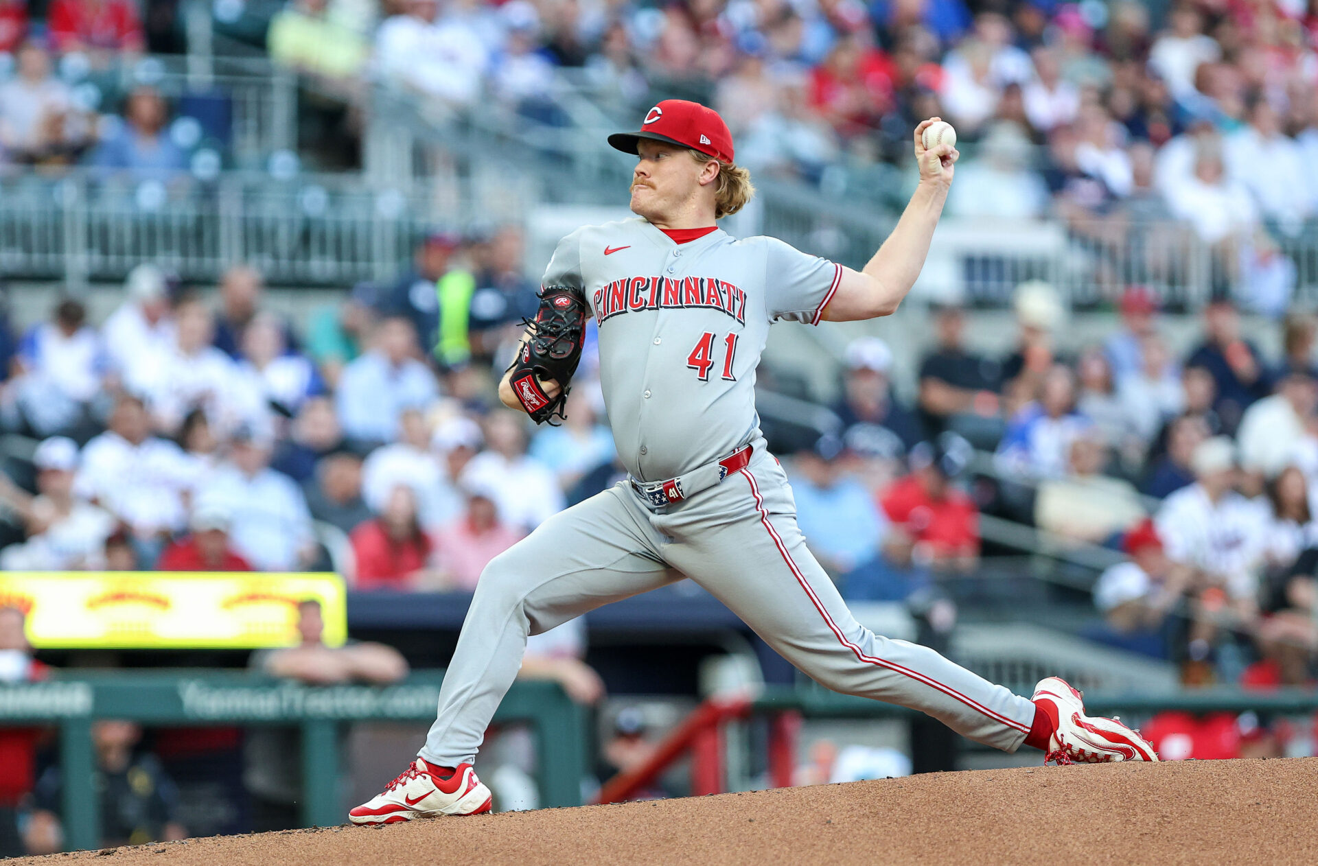 May 6, 2025; Cumberland, Georgia, USA; Cincinnati Reds pitcher Andrew Abbott (41) pitches the ball against the Atlanta Braves during the first inning at Truist Park.