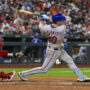 May 2, 2025; St. Louis, Missouri, USA; New York Mets first baseman Pete Alonso (20) hits a two run home run against the St. Louis Cardinals during the fifth inning at Busch Stadium.