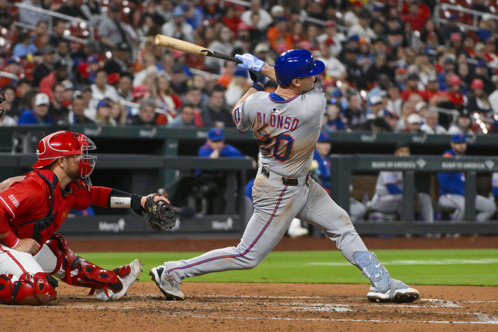 May 2, 2025; St. Louis, Missouri, USA; New York Mets first baseman Pete Alonso (20) hits a two run home run against the St. Louis Cardinals during the fifth inning at Busch Stadium.
