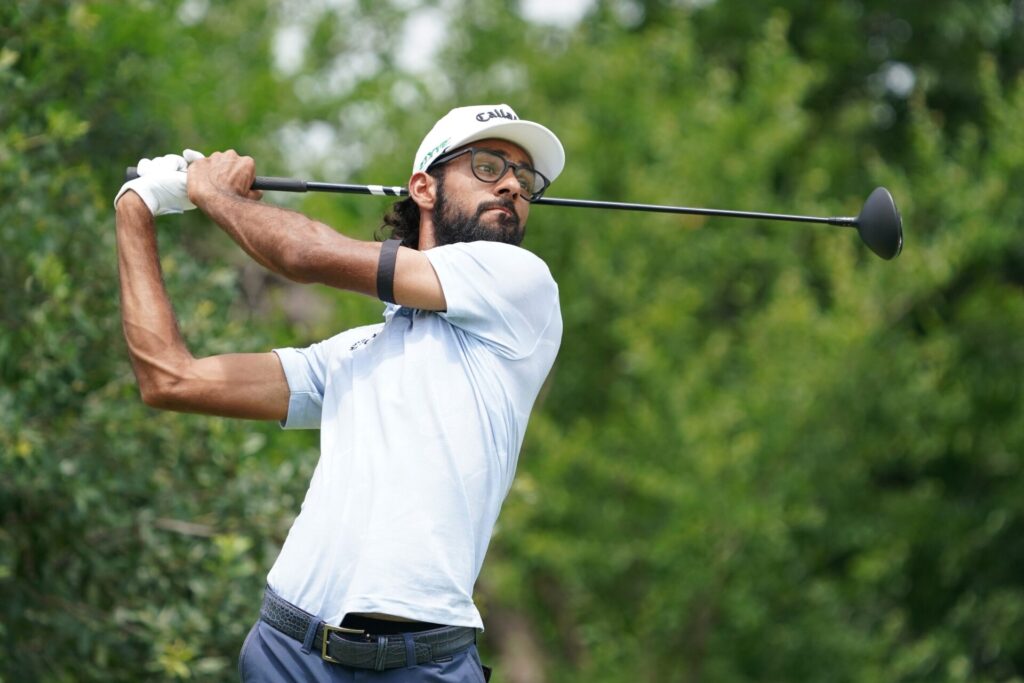 May 24, 2025; Fort Worth, Texas, USA; Akshay Bhatia plays his shot from the ninth tee during the third round of the Charles Schwab Challenge golf tournament. He's one of our picks in our 3M Open Preview.
