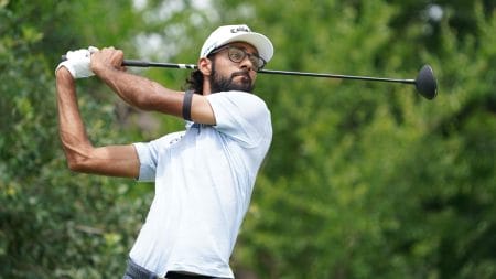 May 24, 2025; Fort Worth, Texas, USA; Akshay Bhatia plays his shot from the ninth tee during the third round of the Charles Schwab Challenge golf tournament. He's one of our picks in our 3M Open Preview.
