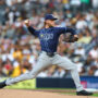 Apr 25, 2025; San Diego, California, USA; Tampa Bay Rays starting pitcher Shane Baz (11) pitches during the first inning against the San Diego Padres at Petco Park.