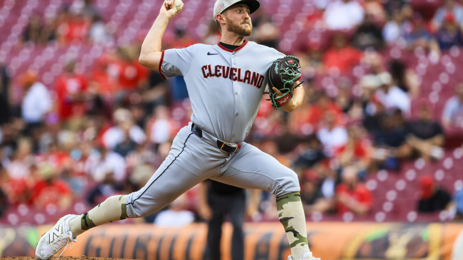 May 16, 2025; Cincinnati, Ohio, USA; Cleveland Guardians starting pitcher Tanner Bibee (28) pitches against the Cincinnati Reds in the first inning at Great American Ball Park.